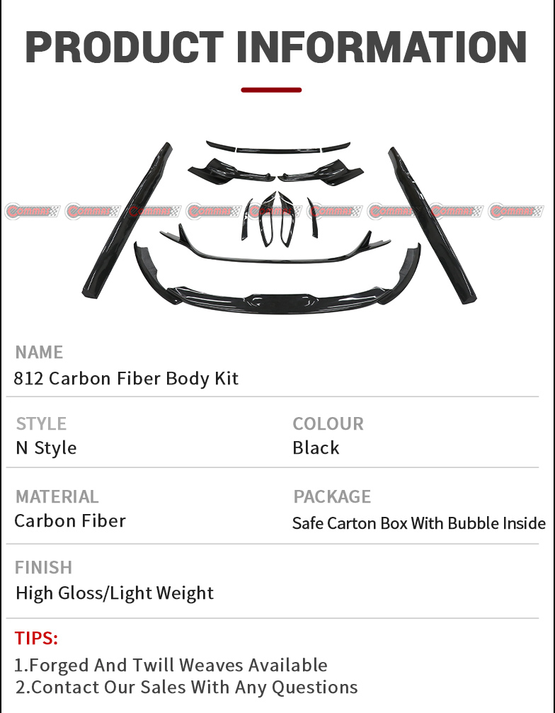 Kits de carroceria de fibra de carbono seca estilo Novitec para Ferrari 812